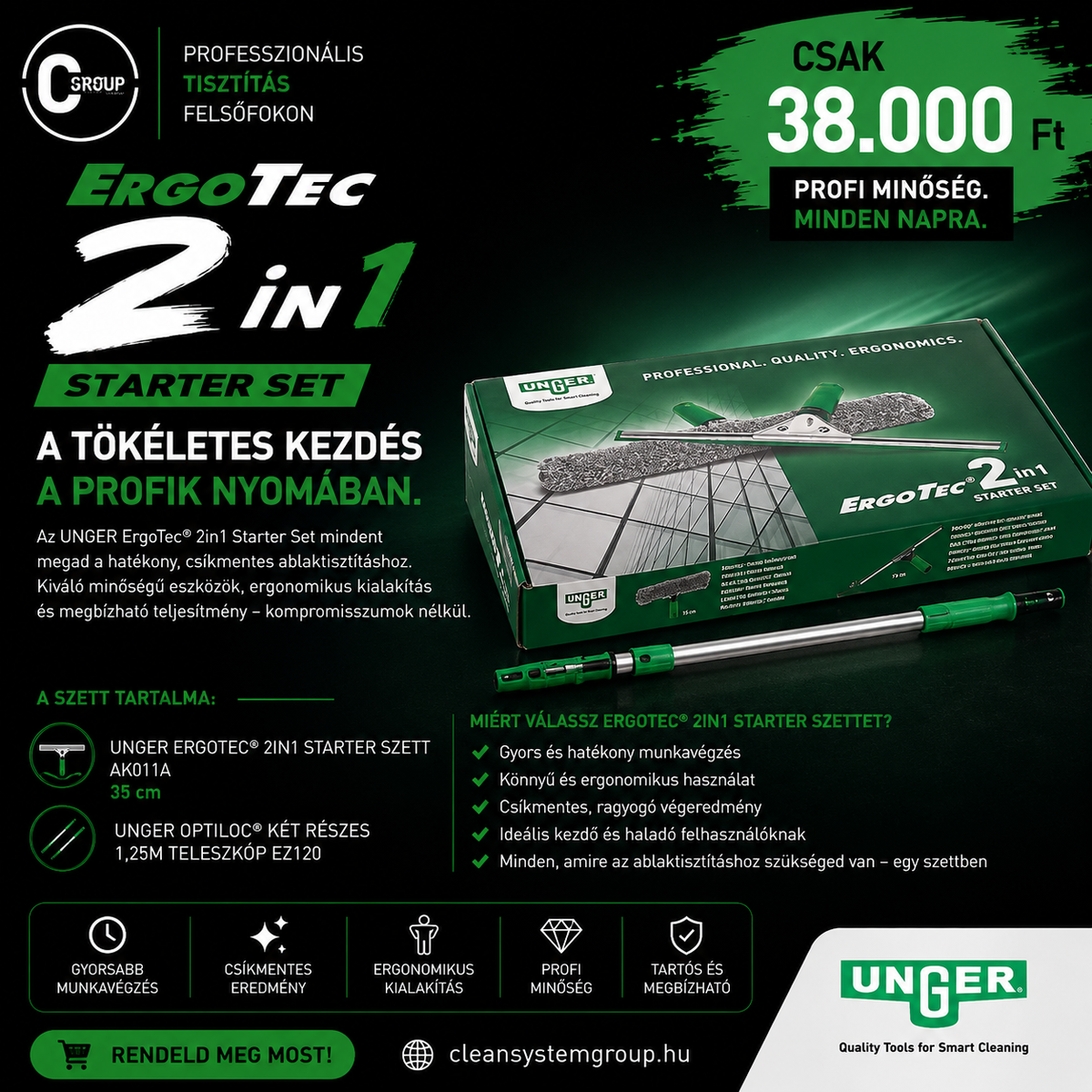 UNGER ErgoTech® 2in1 starter szett + OptiLoc® két részes teleszkóp 1,25m